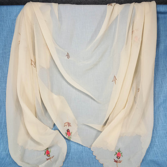 1950s Vintage Cream Chiffon Embroidered and Beaded Flower Shawl