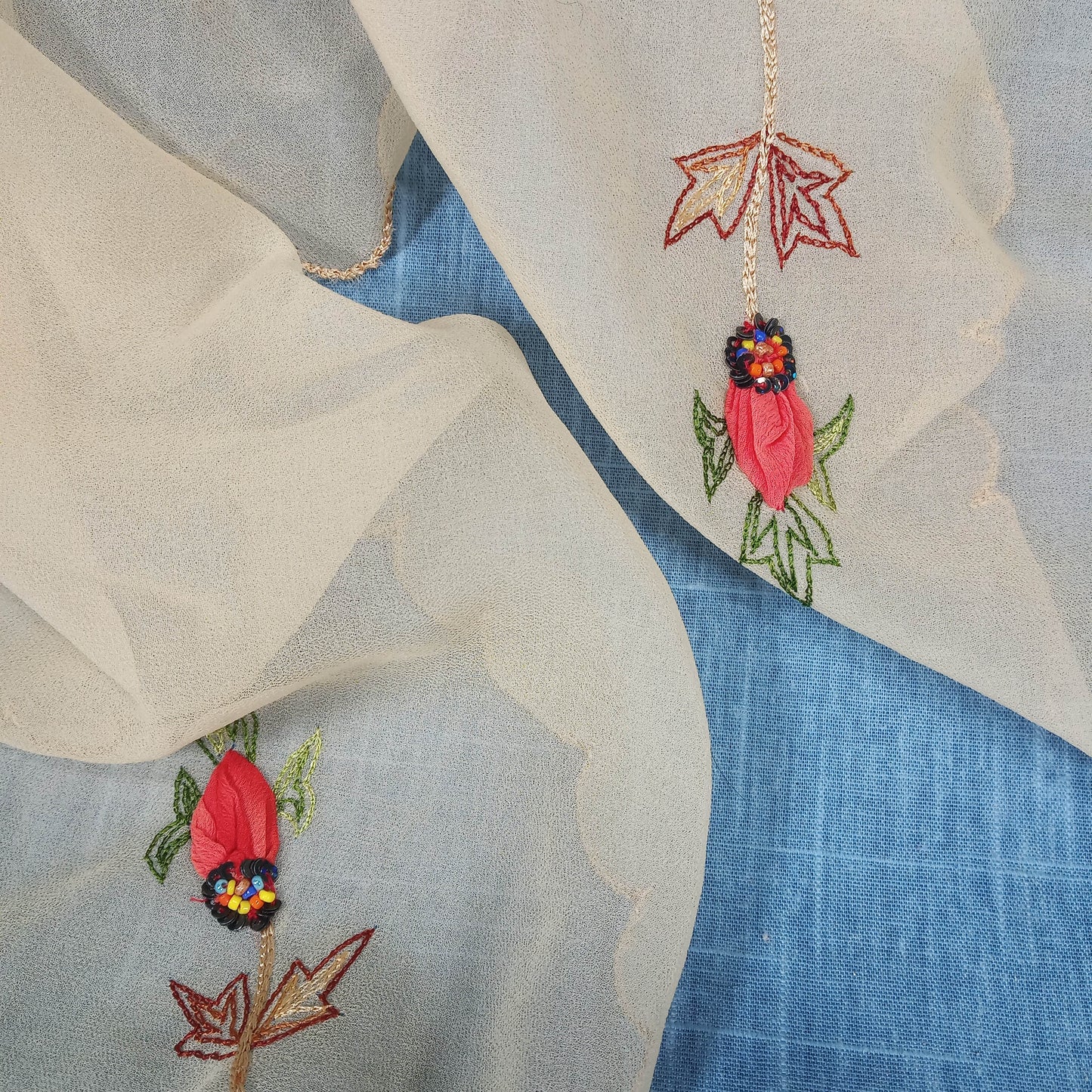 1950s Cream Chiffon Embroidered and Beaded Flower Shawl