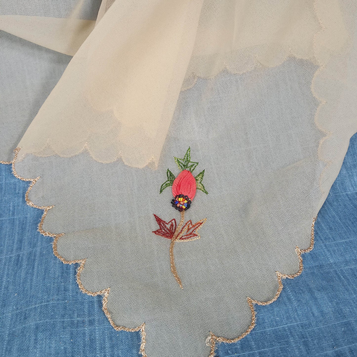 1950s Cream Chiffon Embroidered and Beaded Flower Shawl