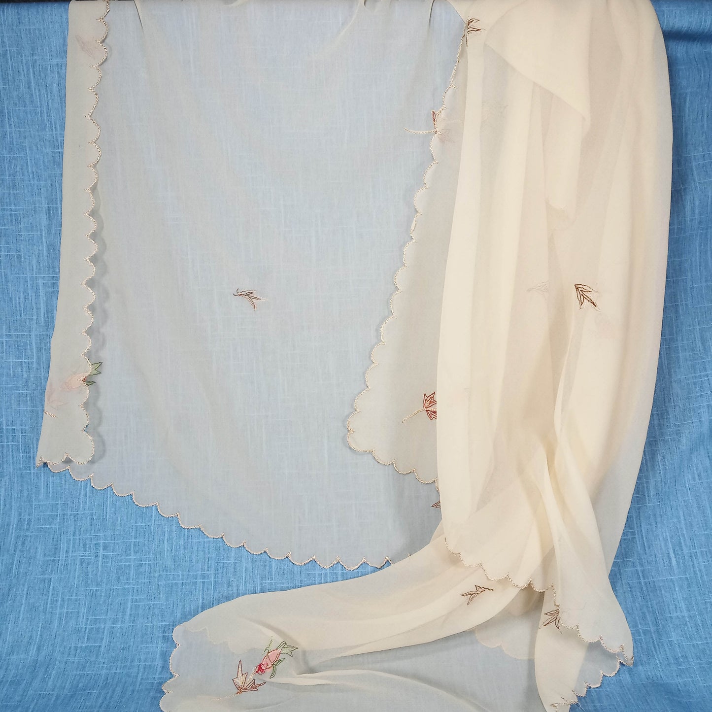 1950s Cream Chiffon Embroidered and Beaded Flower Shawl