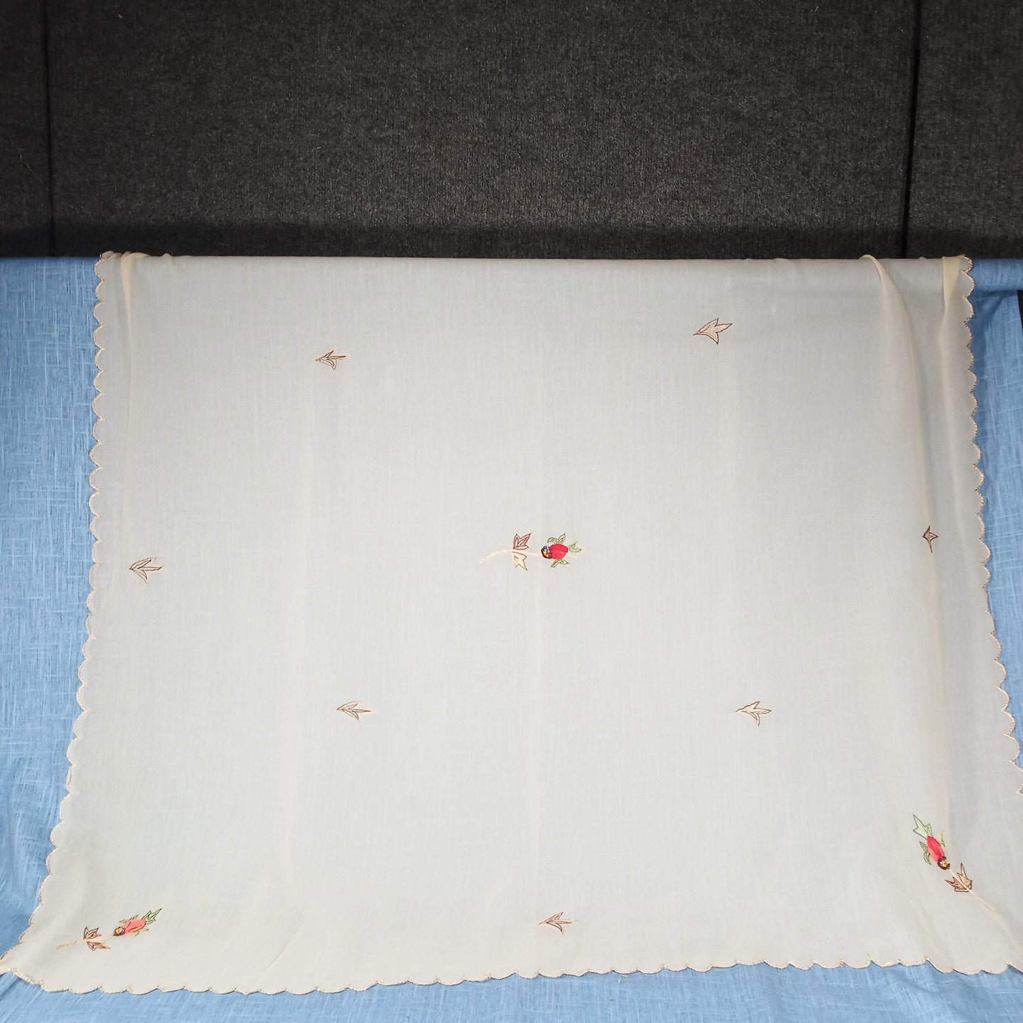 1950s Cream Chiffon Embroidered and Beaded Flower Shawl