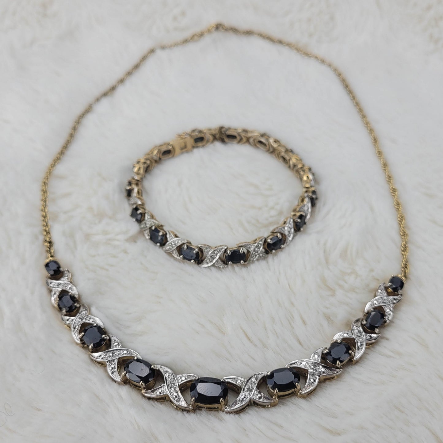 1960s Black Rhinestone and Silver Tone Metal Necklace and Bracelet Set