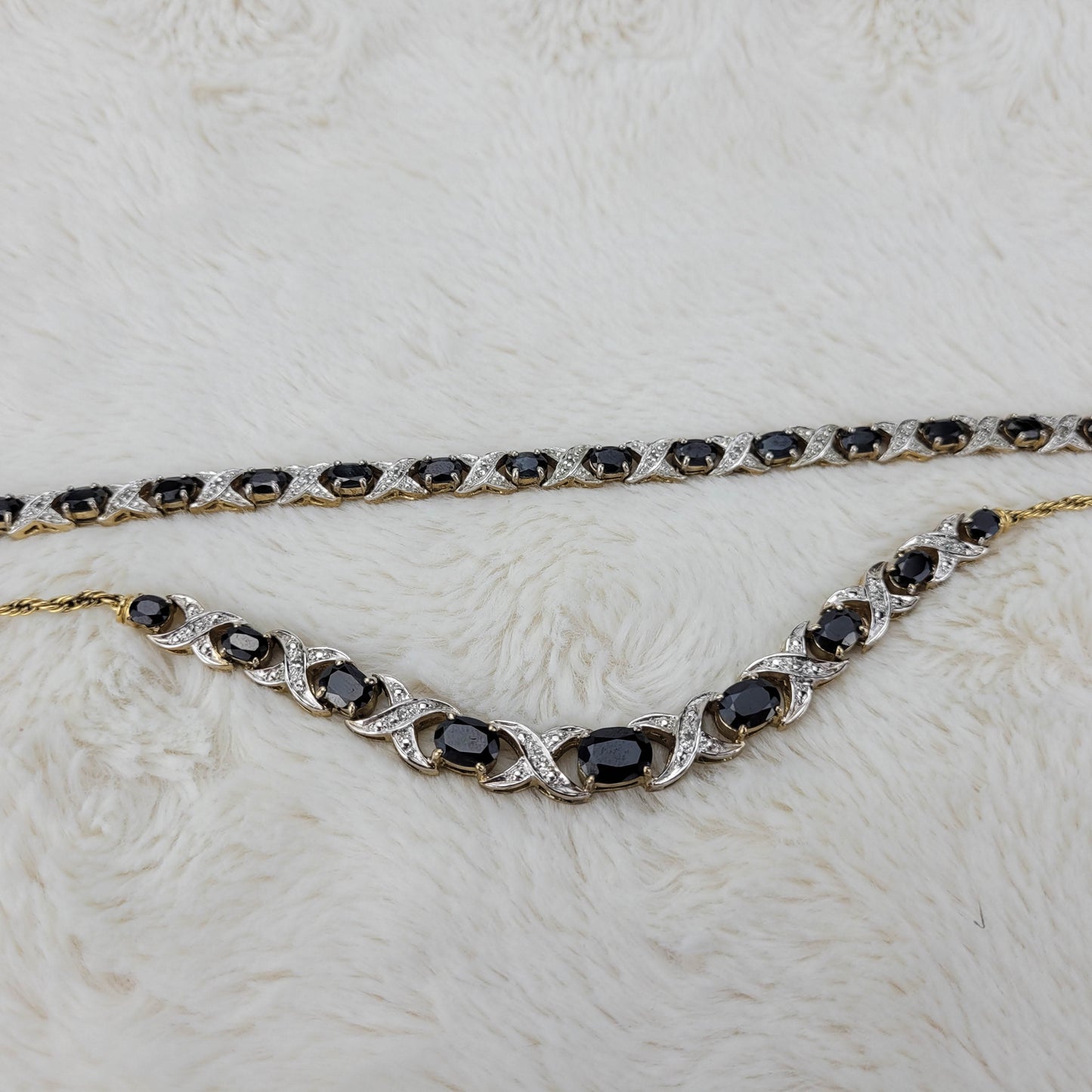 1960s Black Rhinestone and Silver Tone Metal Necklace and Bracelet Set