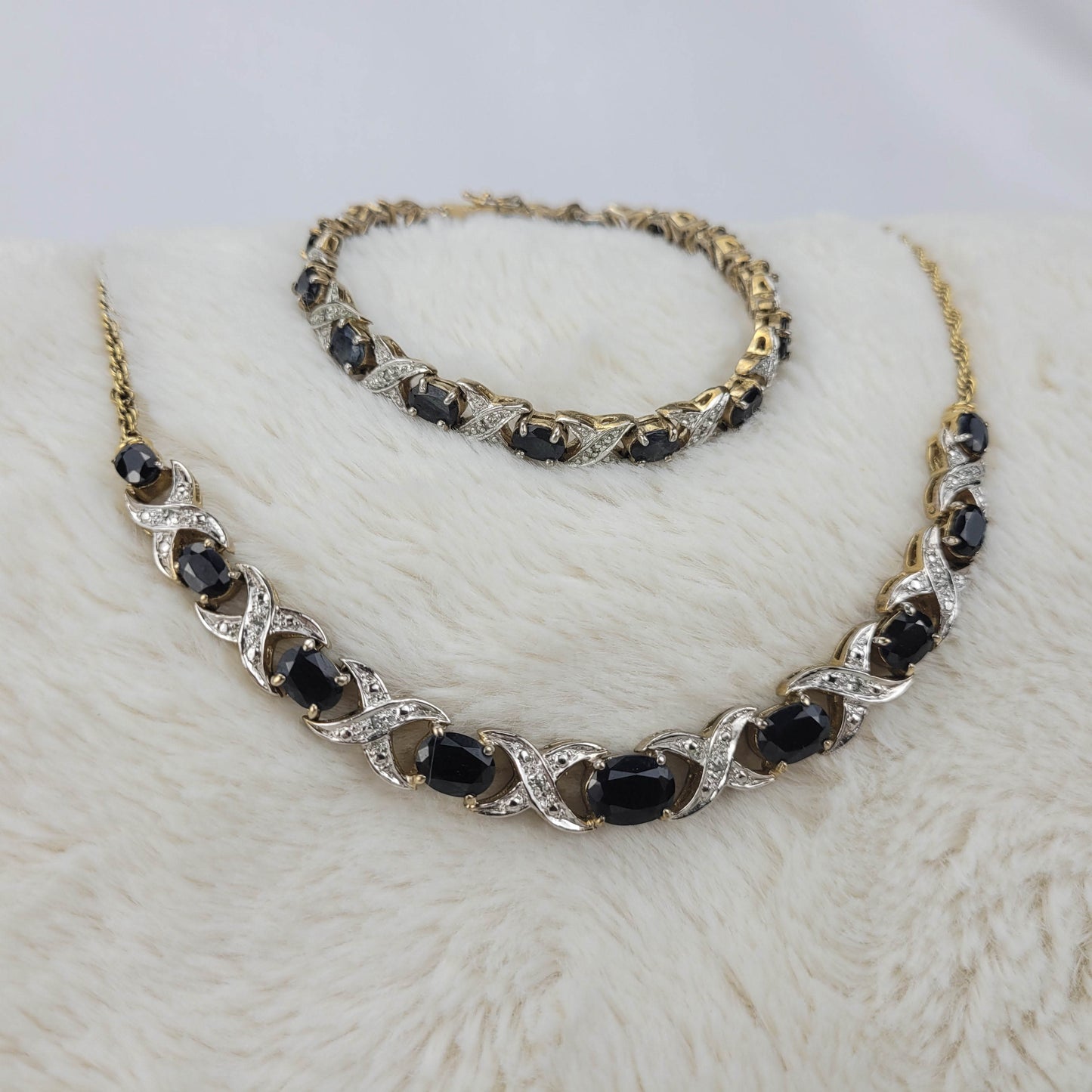 1960s Black Rhinestone and Silver Tone Metal Necklace and Bracelet Set