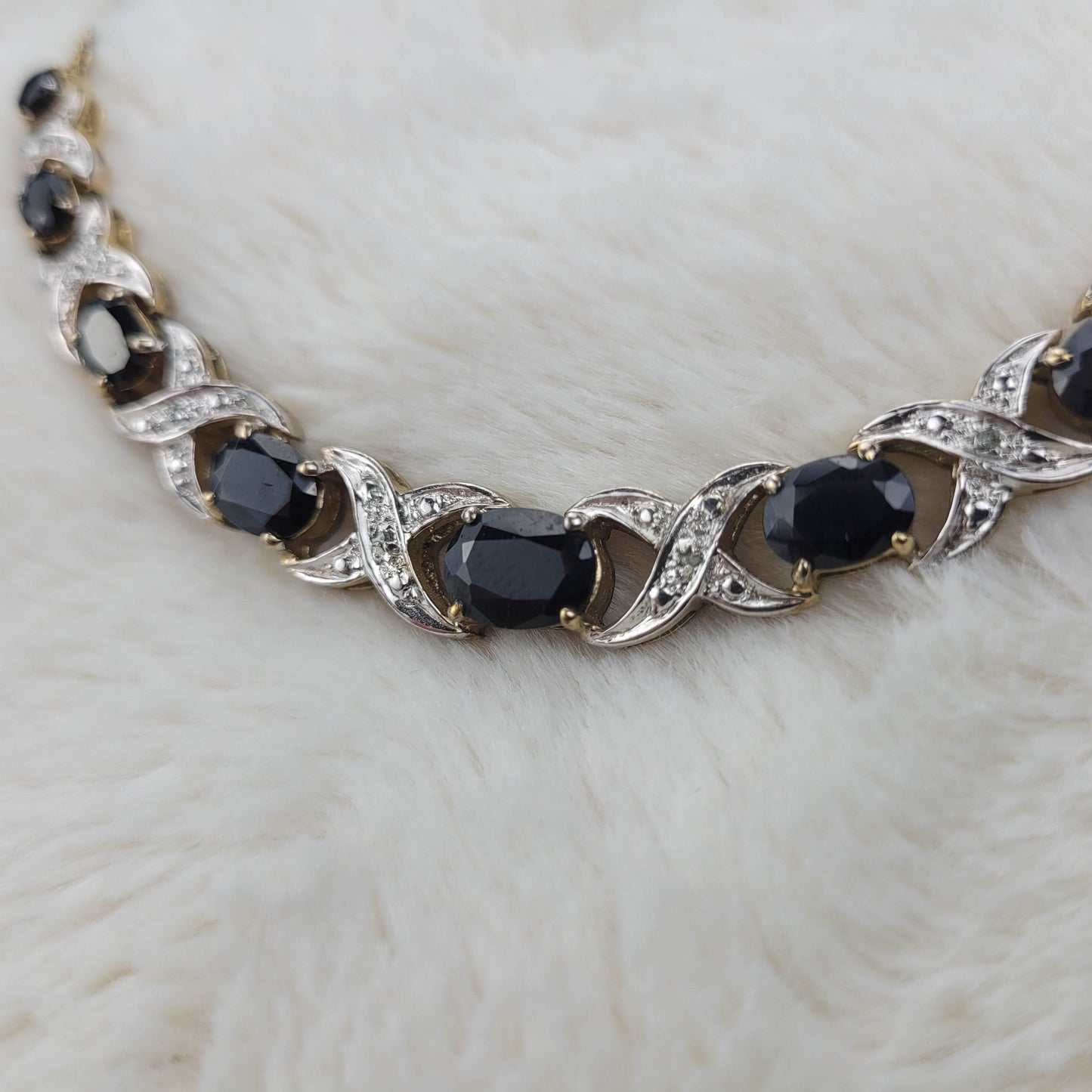 1960s Black Rhinestone and Silver Tone Metal Necklace and Bracelet Set