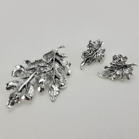 1970s Vintage Silver Tone Metal Leaf Brooch and Earrings Set