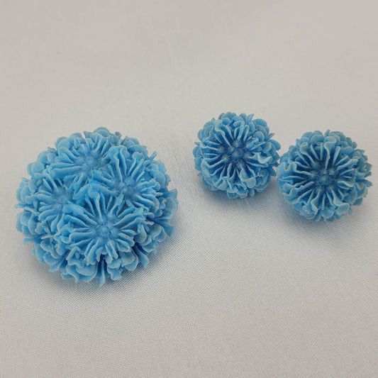 1950s Vintage Baby Blue Frosting Flower Earrings and Brooch Set