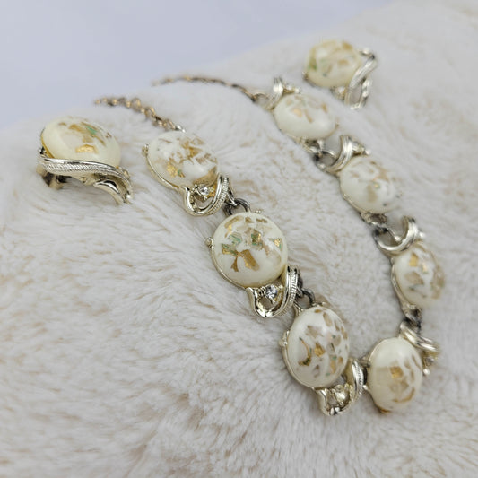1950s Vintage Necklace and Earrings Cream Button and Rhinestone Set