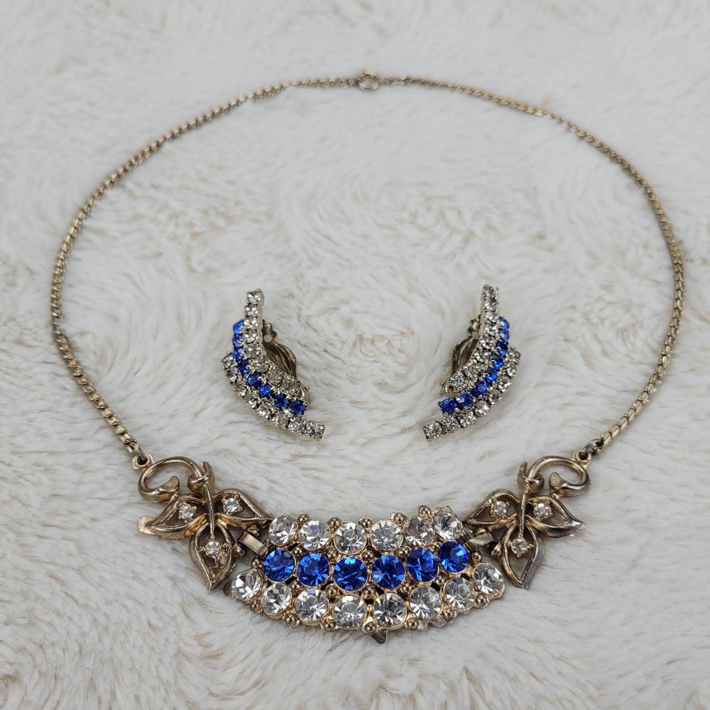 1950s Blue and Clear Rhinestone Necklace and Earring Set