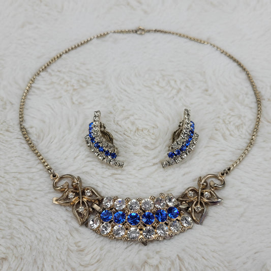 1950s Vintage Blue and Clear Rhinestone Necklace and Earring Set