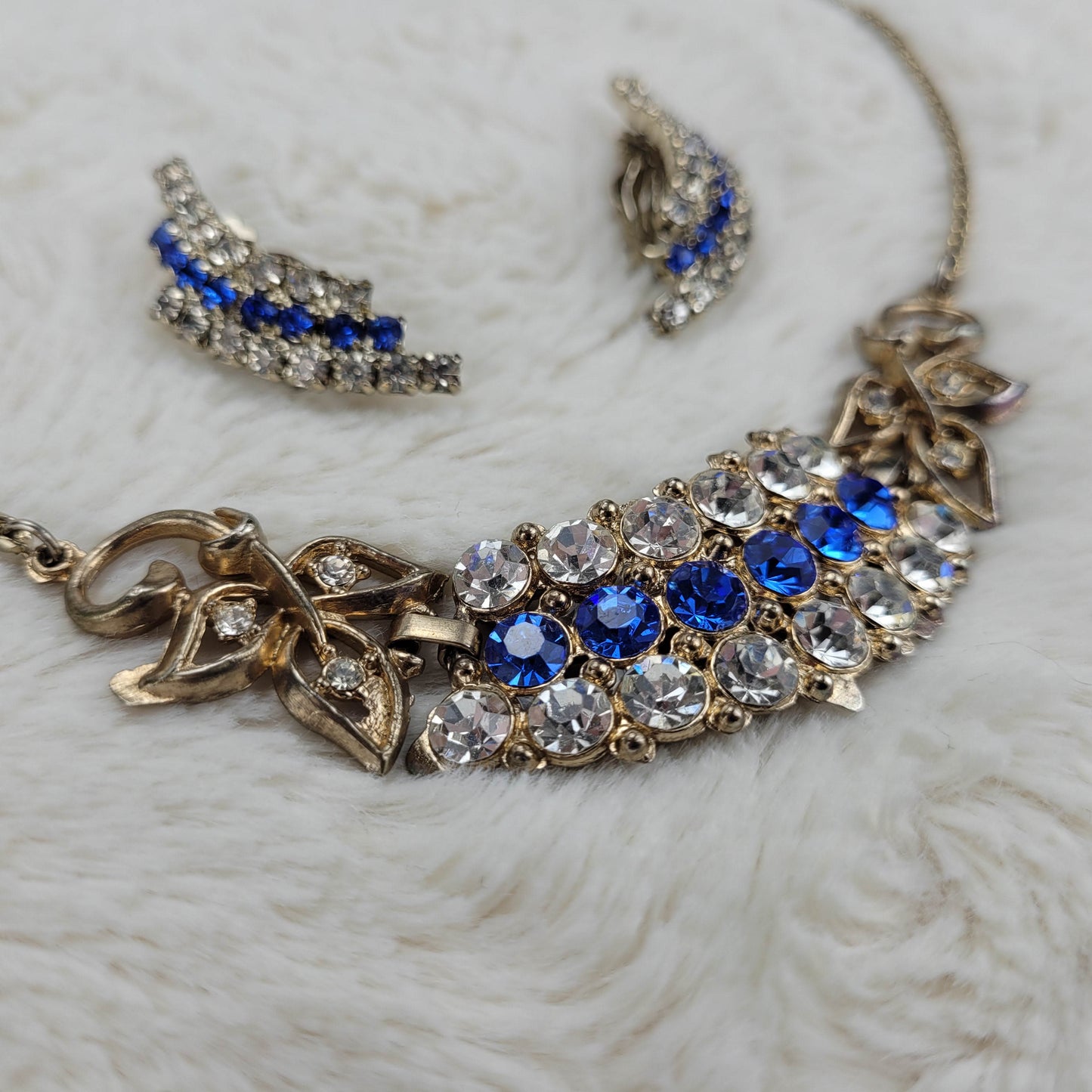 1950s Blue and Clear Rhinestone Necklace and Earring Set