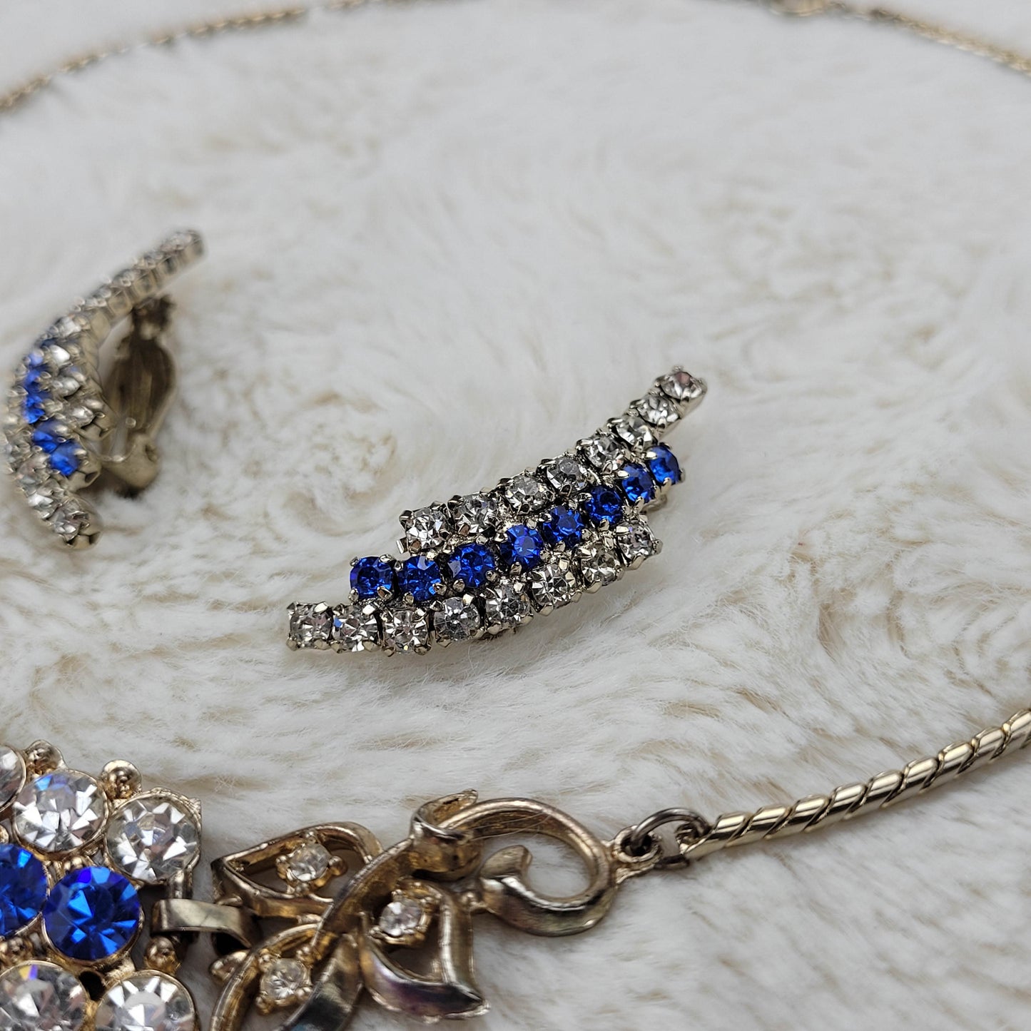 1950s Blue and Clear Rhinestone Necklace and Earring Set