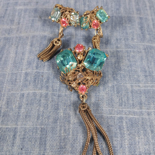 1940s Vintage Set: Matching Brooch and Earrings with Pink and Blue Rhinestones