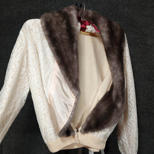 1950's Vintage Cream Lace Cardigan with Faux Fur Collar