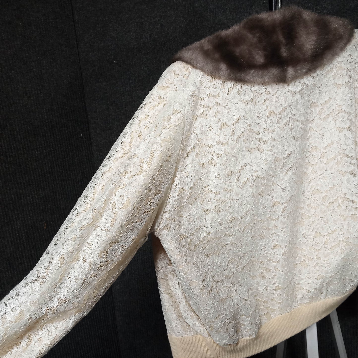 1950's Cream Lace Cardigan with Faux Fur Collar