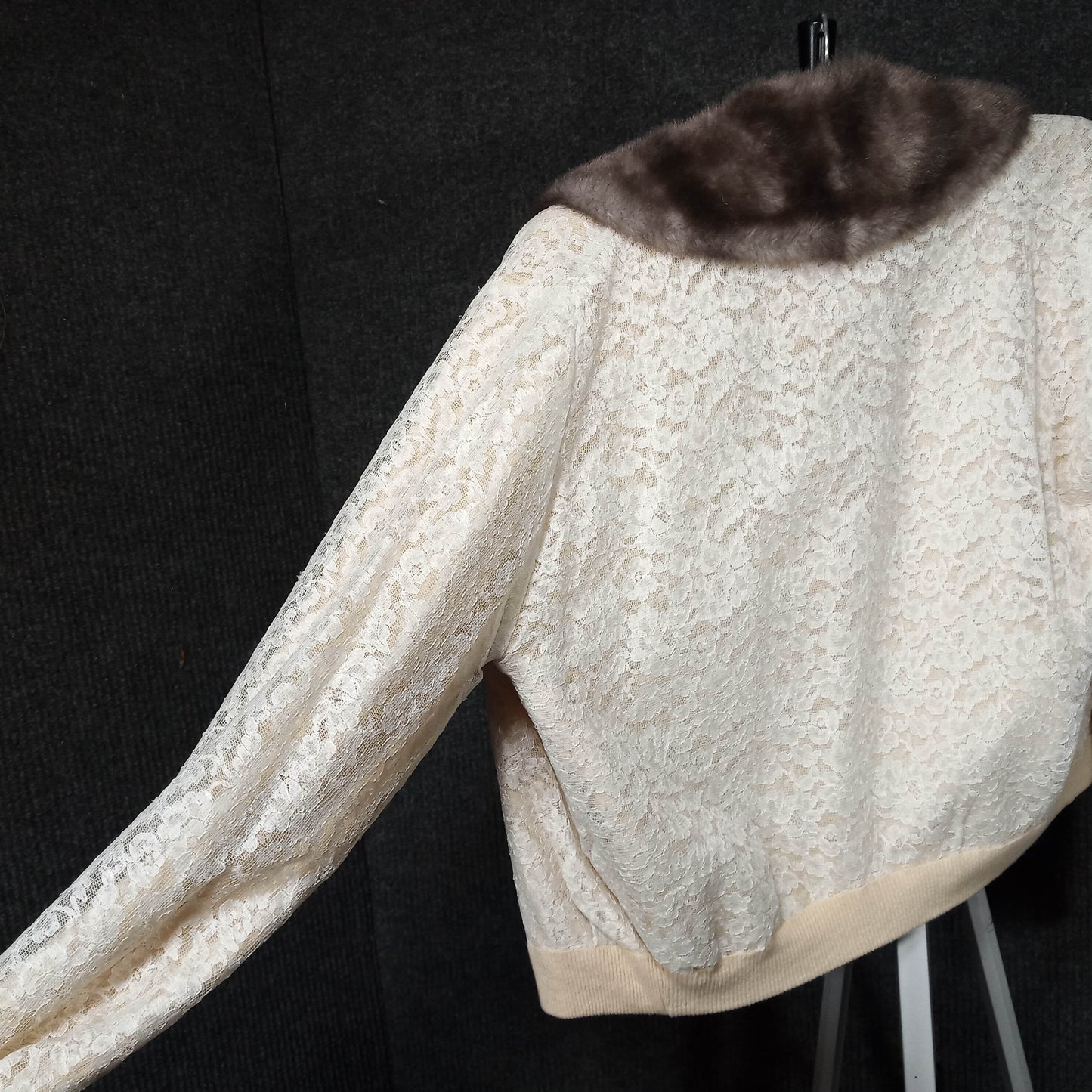 1950's Cream Lace Cardigan with Faux Fur Collar