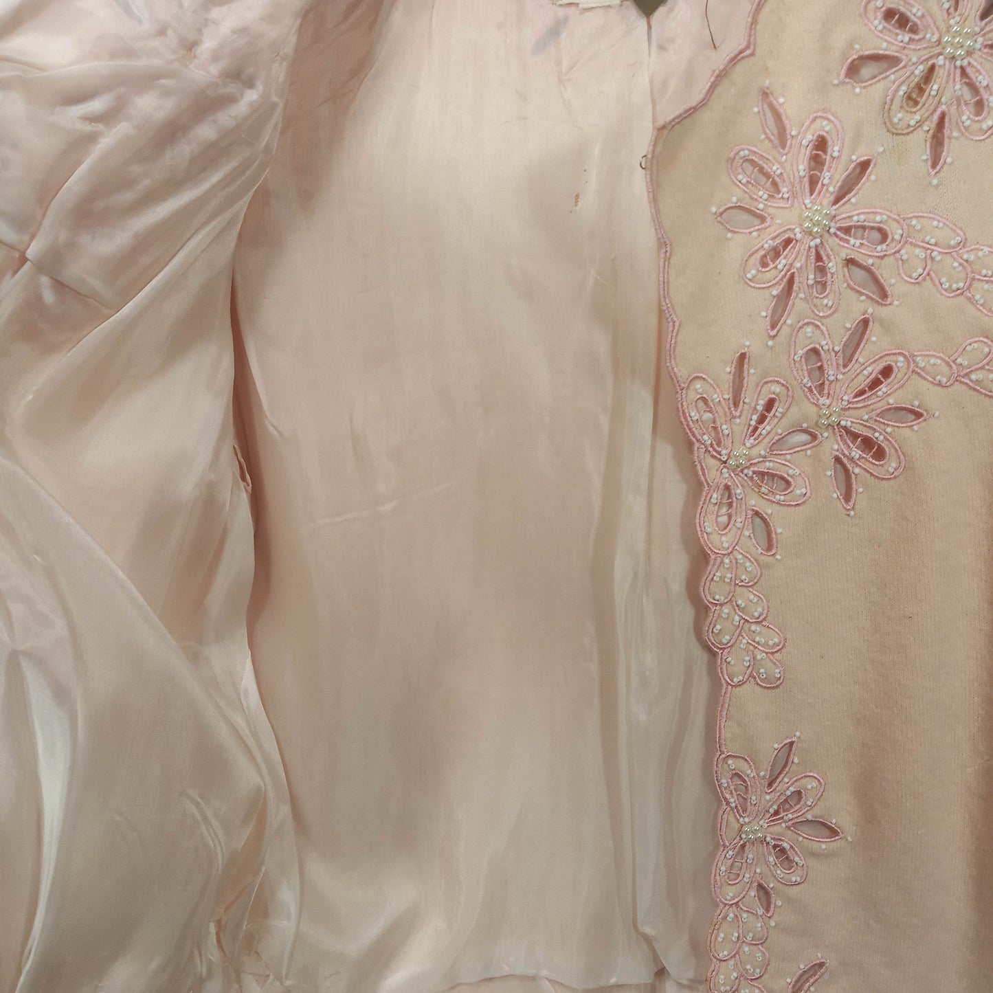 1950's Pink Wool Lacy Cut Beaded Cardigan by Helen Wong - Hong Kong