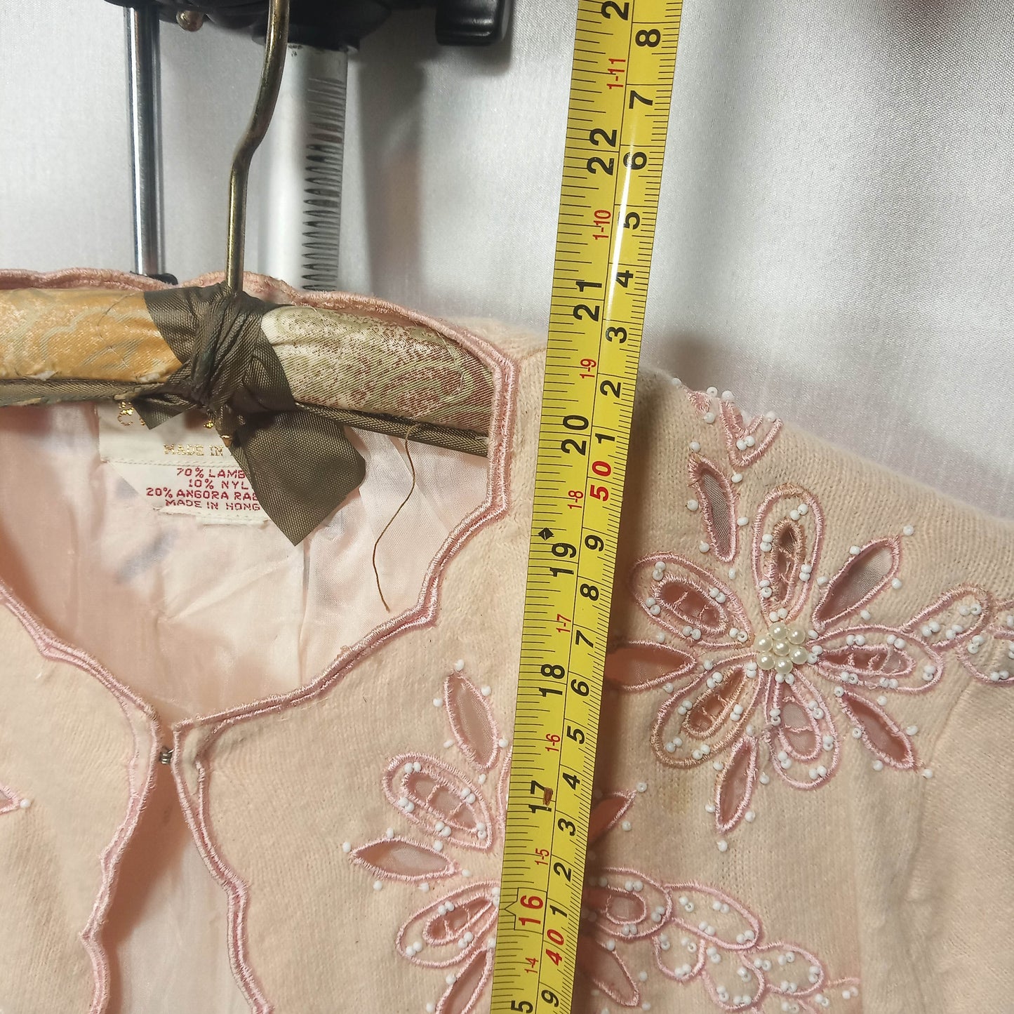 1950's Pink Wool Lacy Cut Beaded Cardigan by Helen Wong - Hong Kong