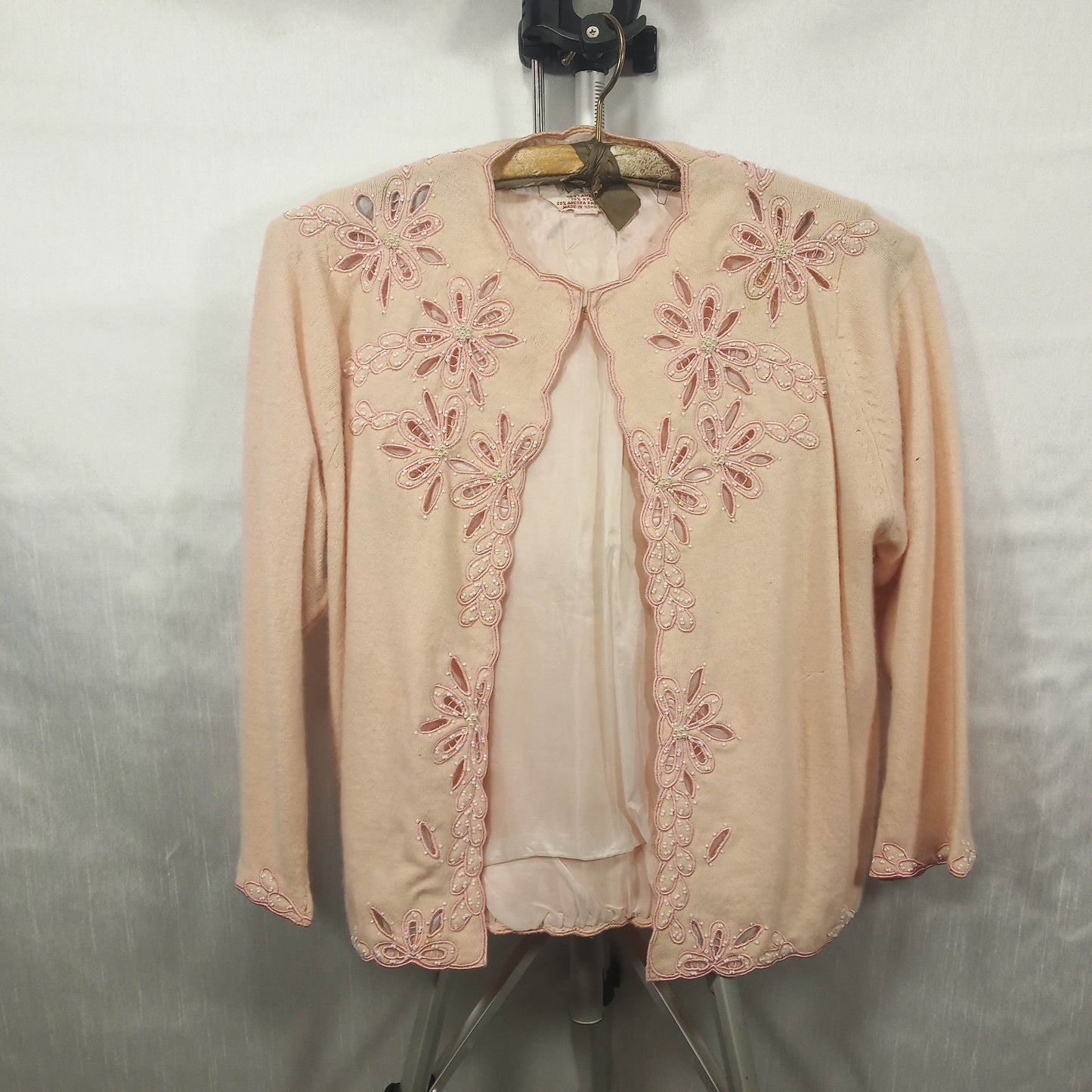 1950's Pink Wool Lacy Cut Beaded Cardigan by Helen Wong - Hong Kong