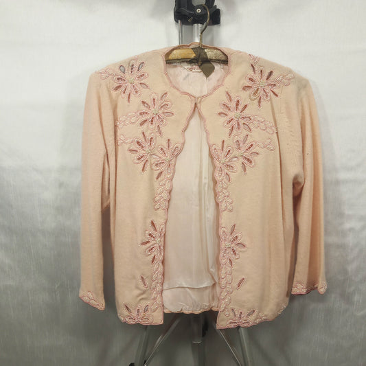 1950's Vintage Pink Wool Lacy Cut Beaded Cardigan by Helen Wong - Hong Kong