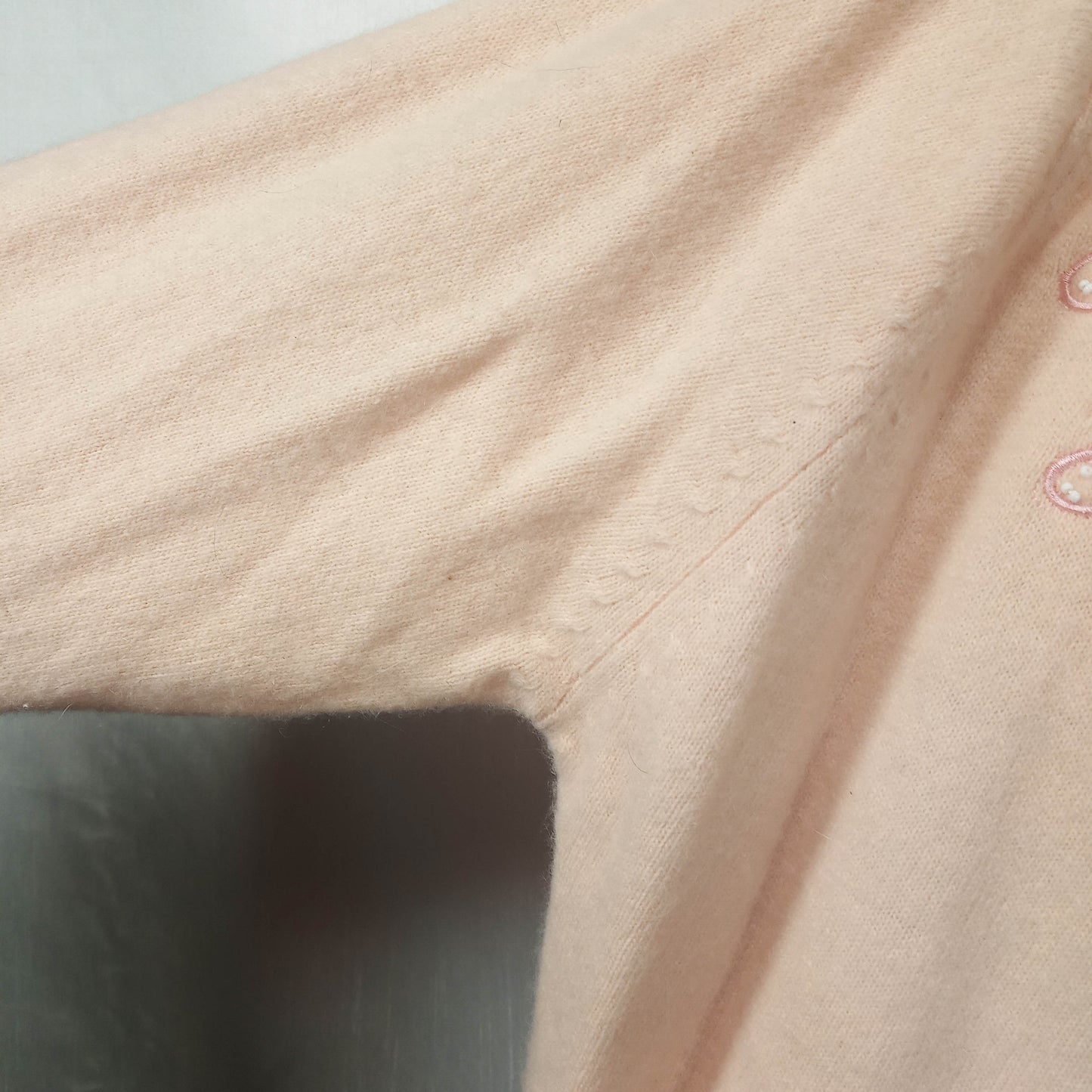 1950's Pink Wool Lacy Cut Beaded Cardigan by Helen Wong - Hong Kong