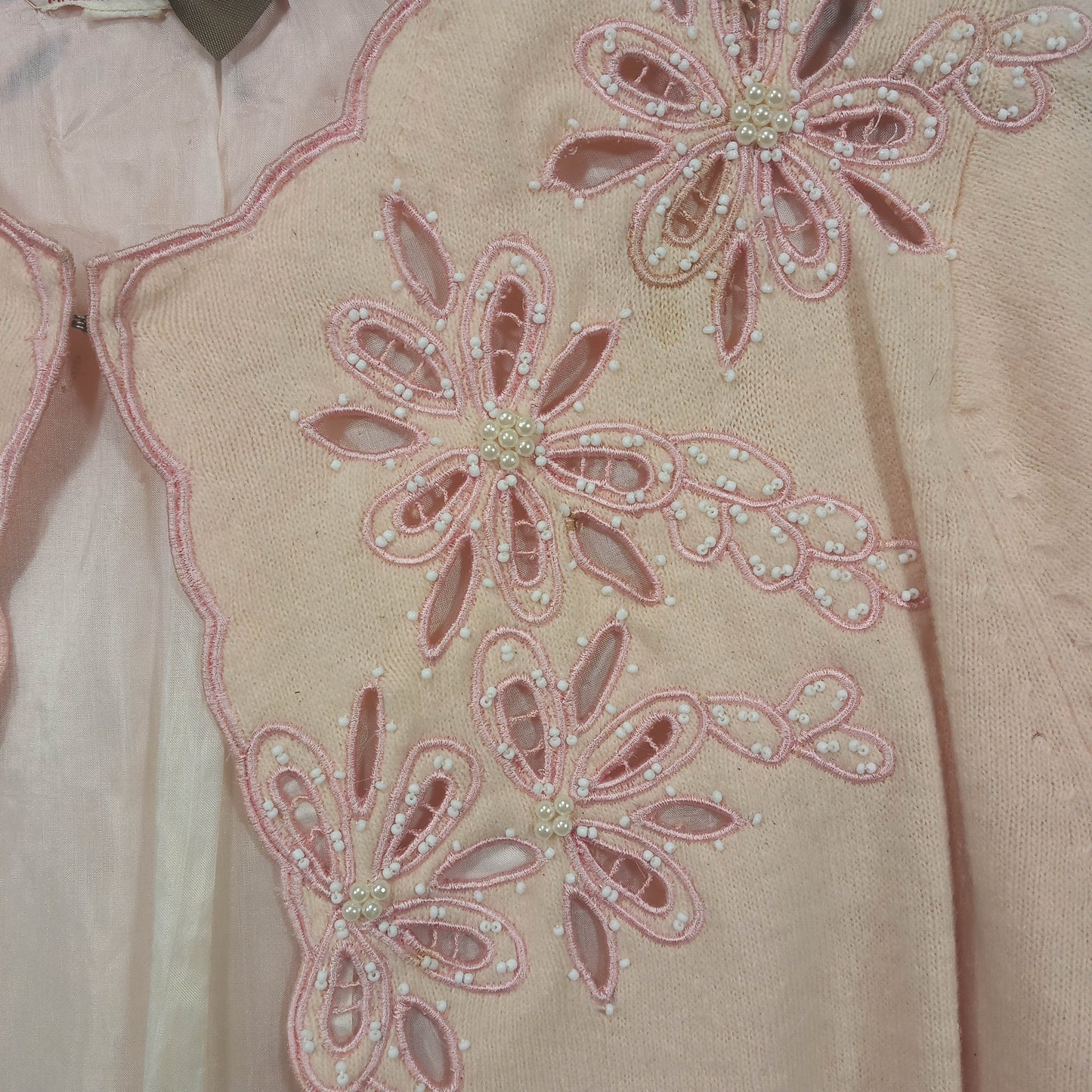 1950's Pink Wool Lacy Cut Beaded Cardigan by Helen Wong - Hong Kong