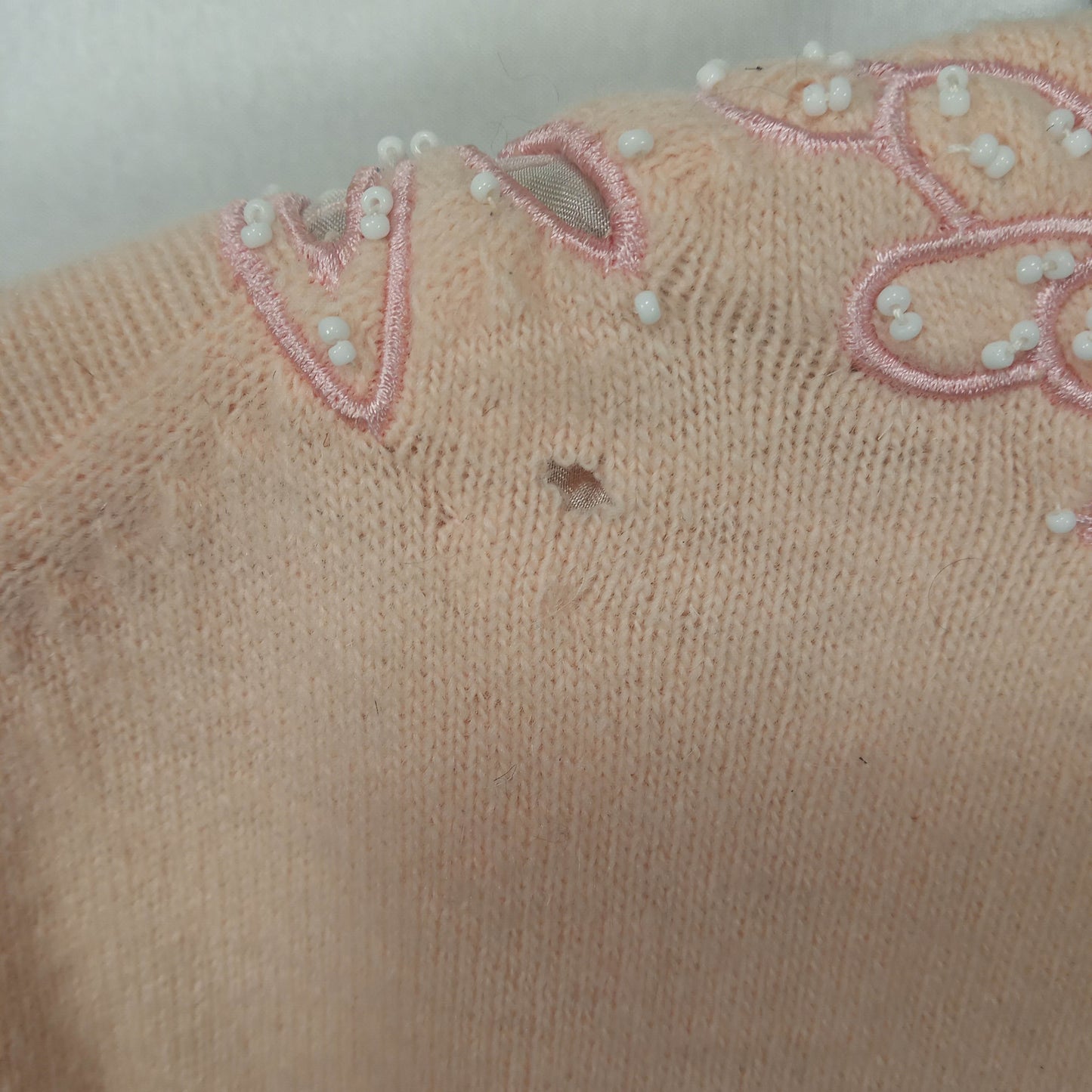1950's Pink Wool Lacy Cut Beaded Cardigan by Helen Wong - Hong Kong