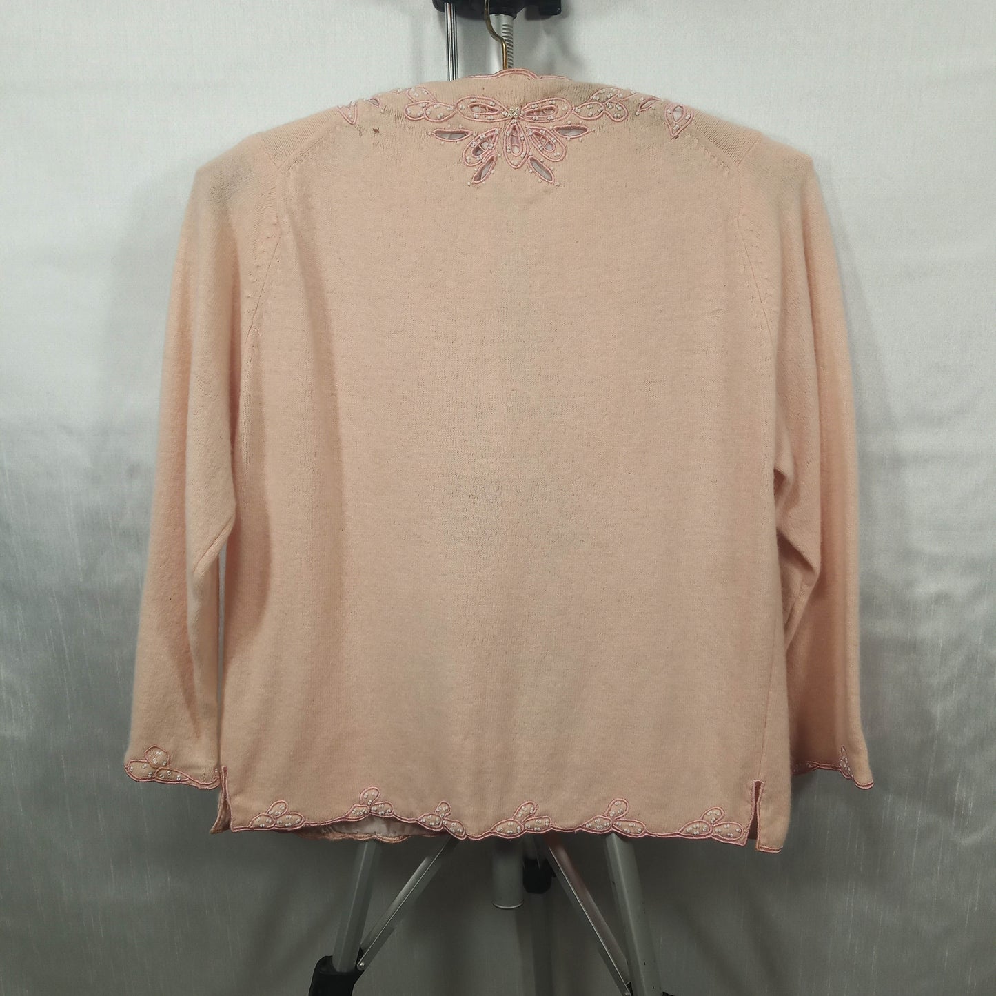 1950's Pink Wool Lacy Cut Beaded Cardigan by Helen Wong - Hong Kong