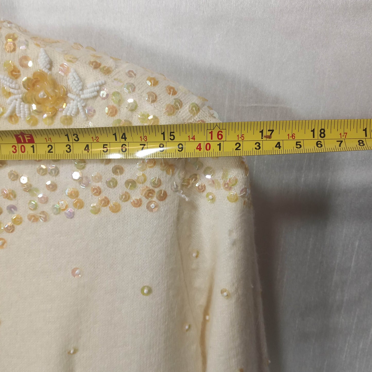 1950's Cream Wool Hand Beaded Sequined Cardigan - Needs Love!