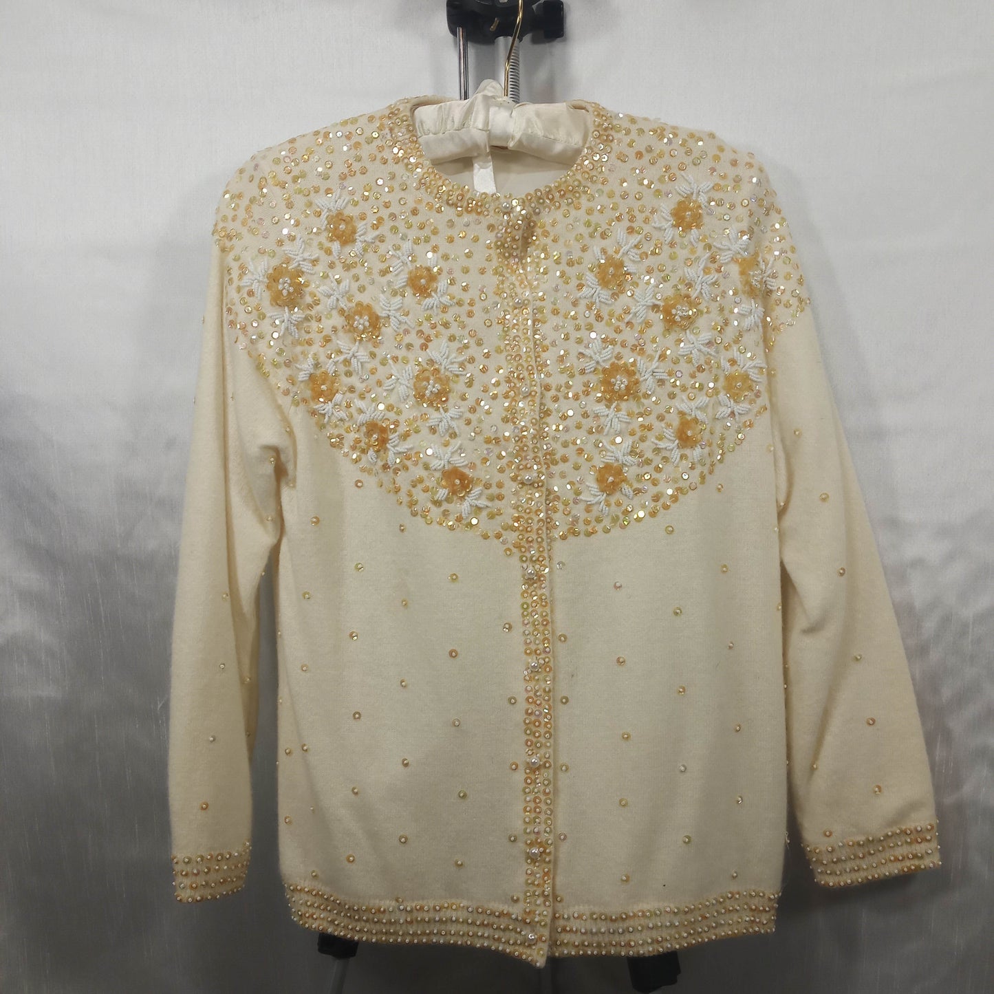 1950's Cream Wool Hand Beaded Sequined Cardigan - Needs Love!