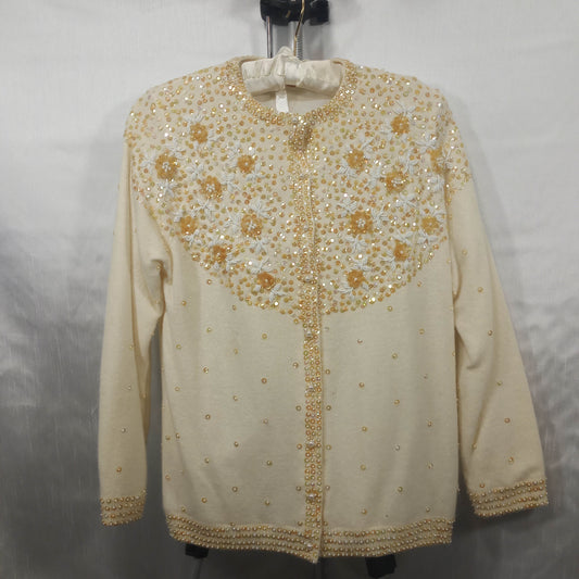 1950's Vintage Cream Wool Hand Beaded Sequined Cardigan - Needs Love!