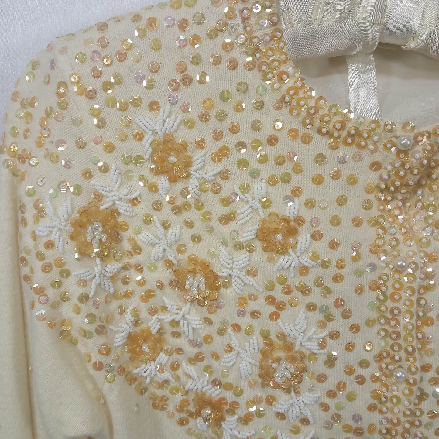 1950's Cream Wool Hand Beaded Sequined Cardigan - Needs Love!