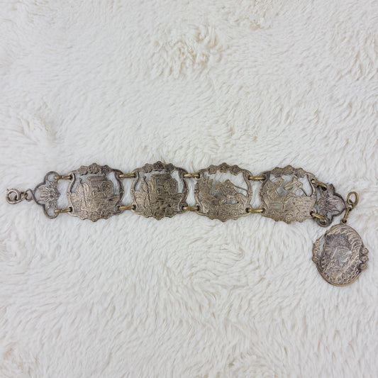 1930s Vintage Silver Tone Metal Stamped Bracelet from Spain
