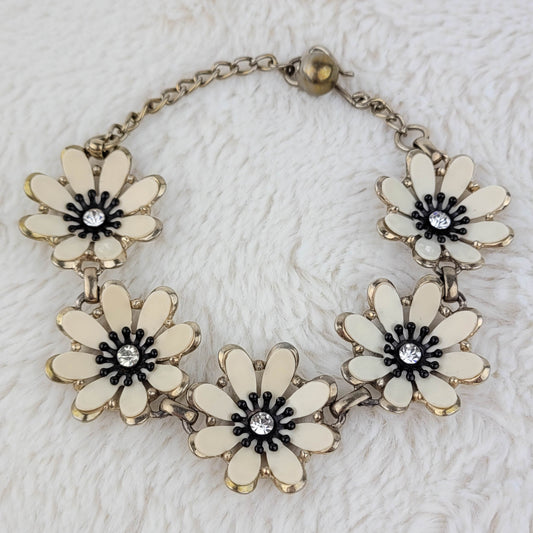 1950's Vintage Metal and Rhinestone Daisy Bracelet