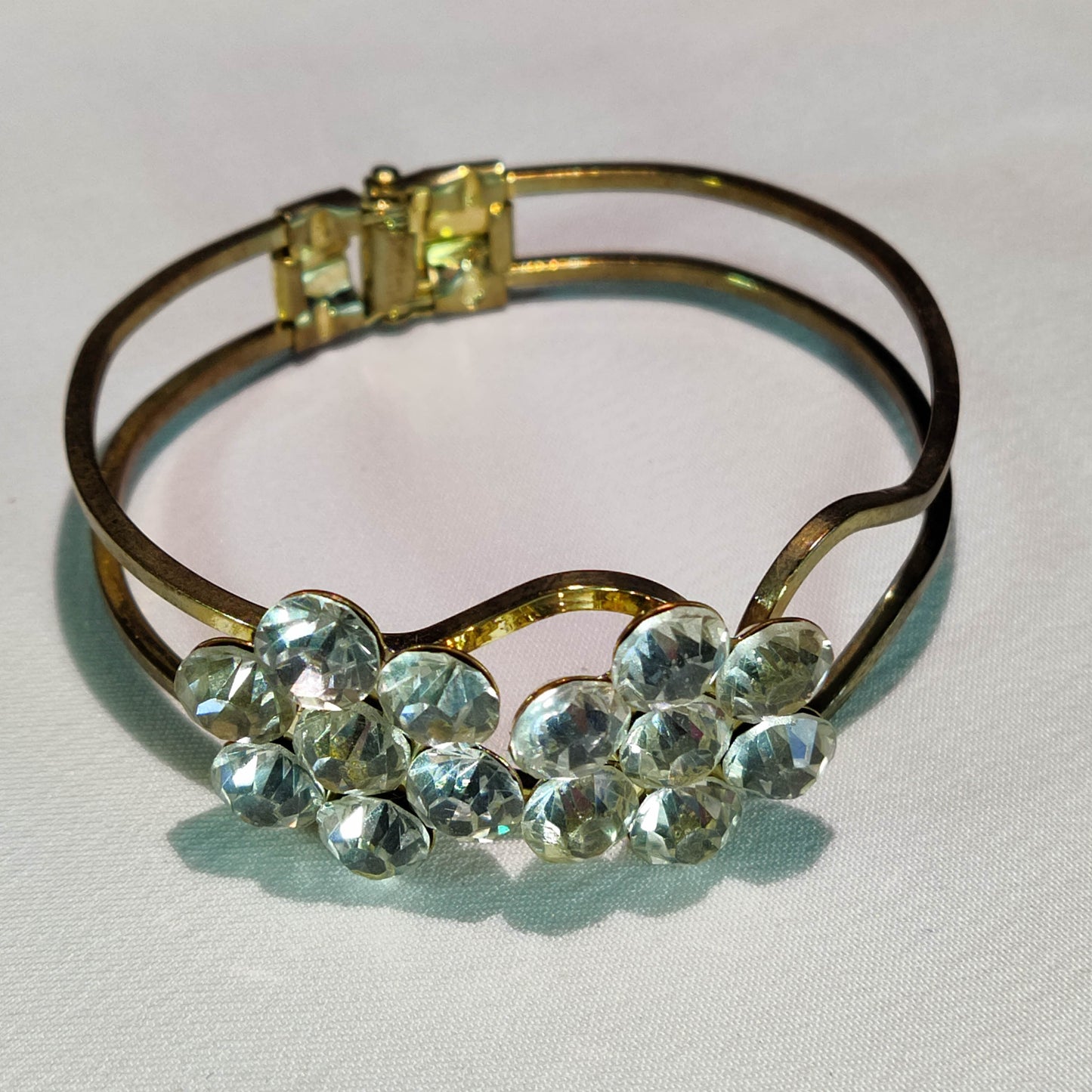 1960's Gold Tone Metal Clamper Bracelet with Rhinestone Flower