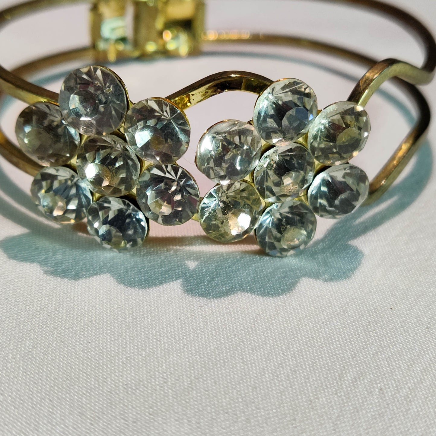 1960's Gold Tone Metal Clamper Bracelet with Rhinestone Flower