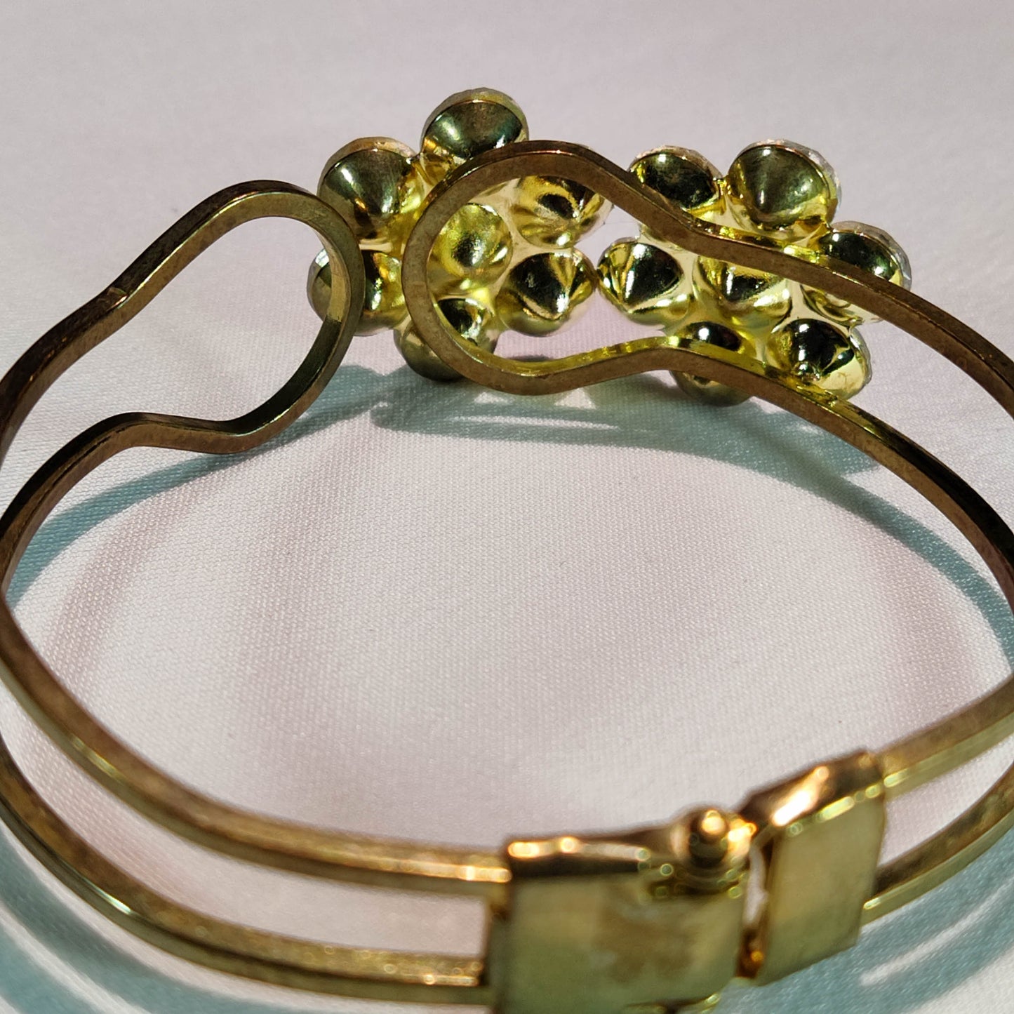 1960's Gold Tone Metal Clamper Bracelet with Rhinestone Flower