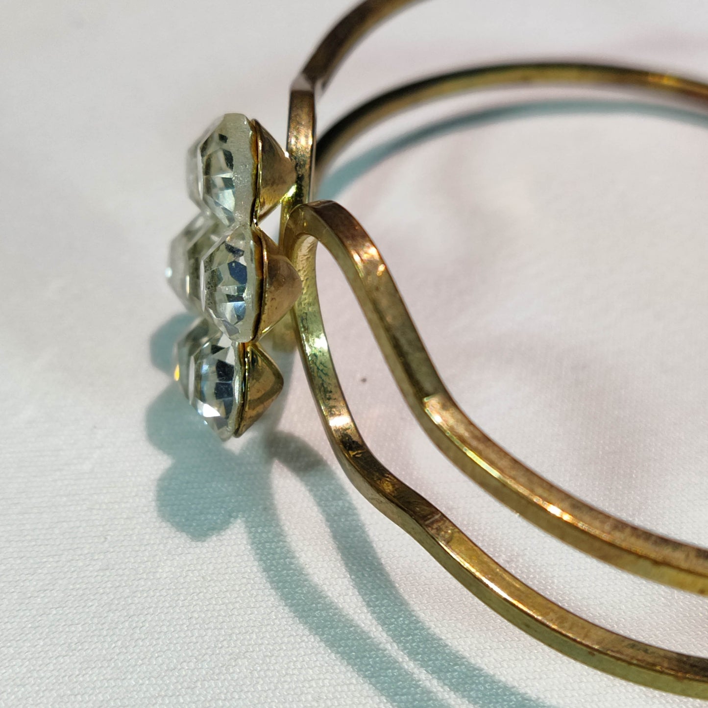 1960's Gold Tone Metal Clamper Flower Bracelet with Clear Rhinestones
