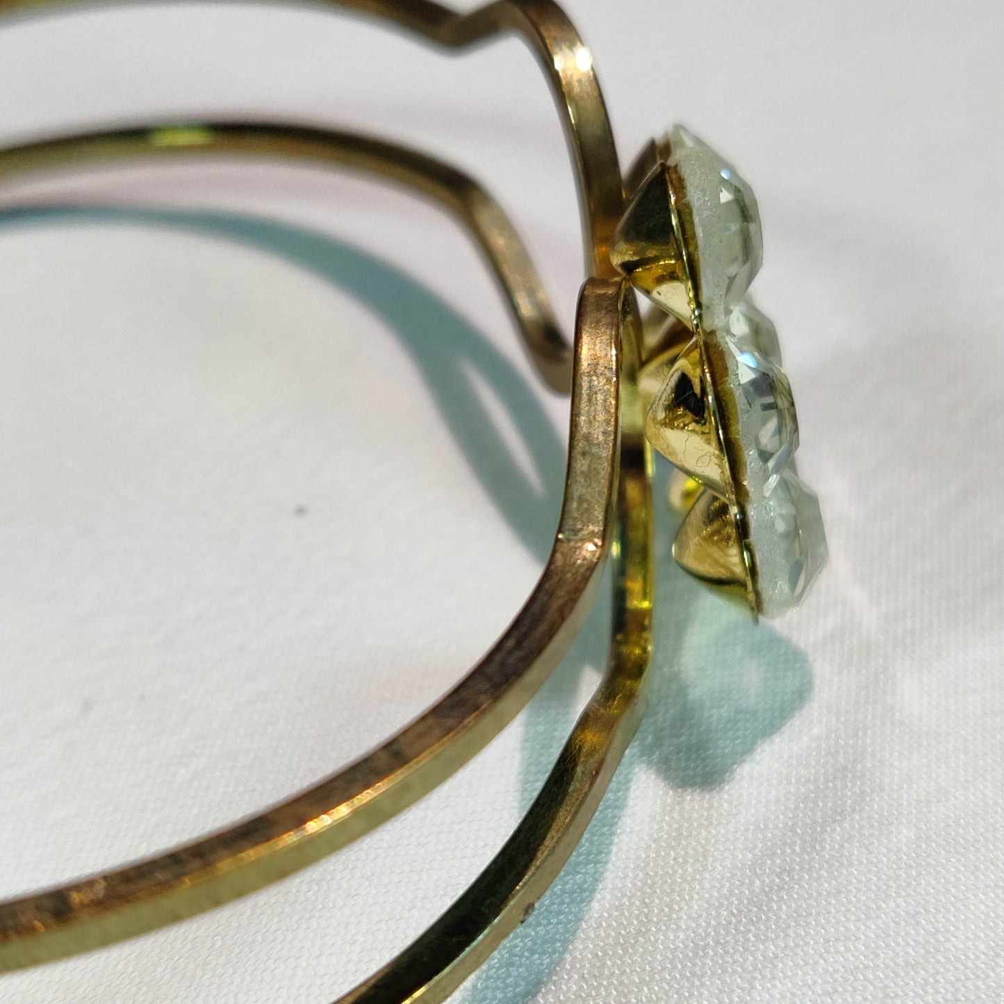1960's Gold Tone Metal Clamper Flower Bracelet with Clear Rhinestones