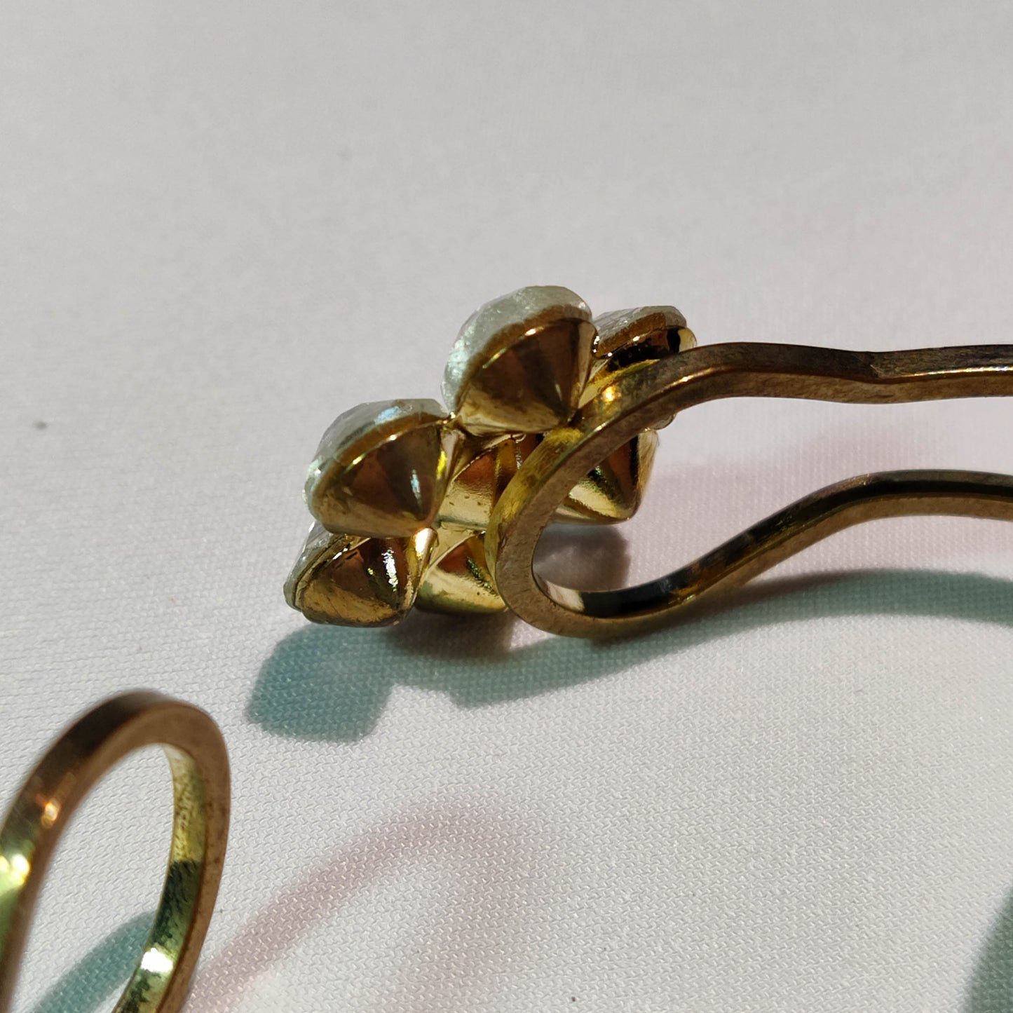 1960's Gold Tone Metal Clamper Flower Bracelet with Clear Rhinestones