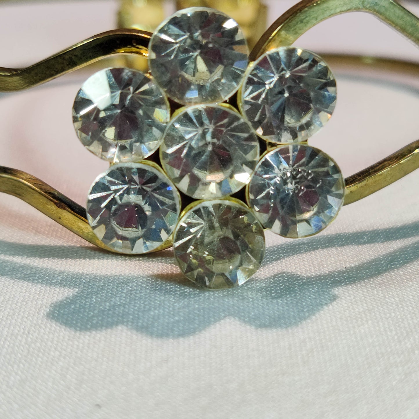 1960's Gold Tone Metal Clamper Flower Bracelet with Clear Rhinestones