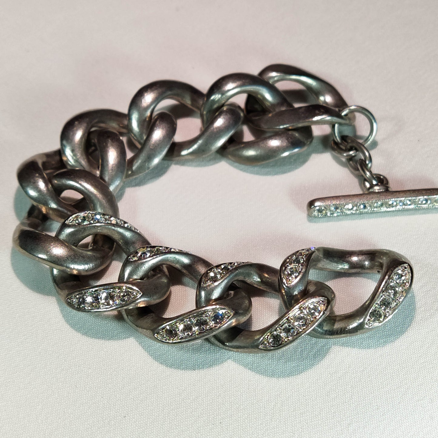 1960's Silver Tone Metal Chain Bracelet with Rhinestone Accents