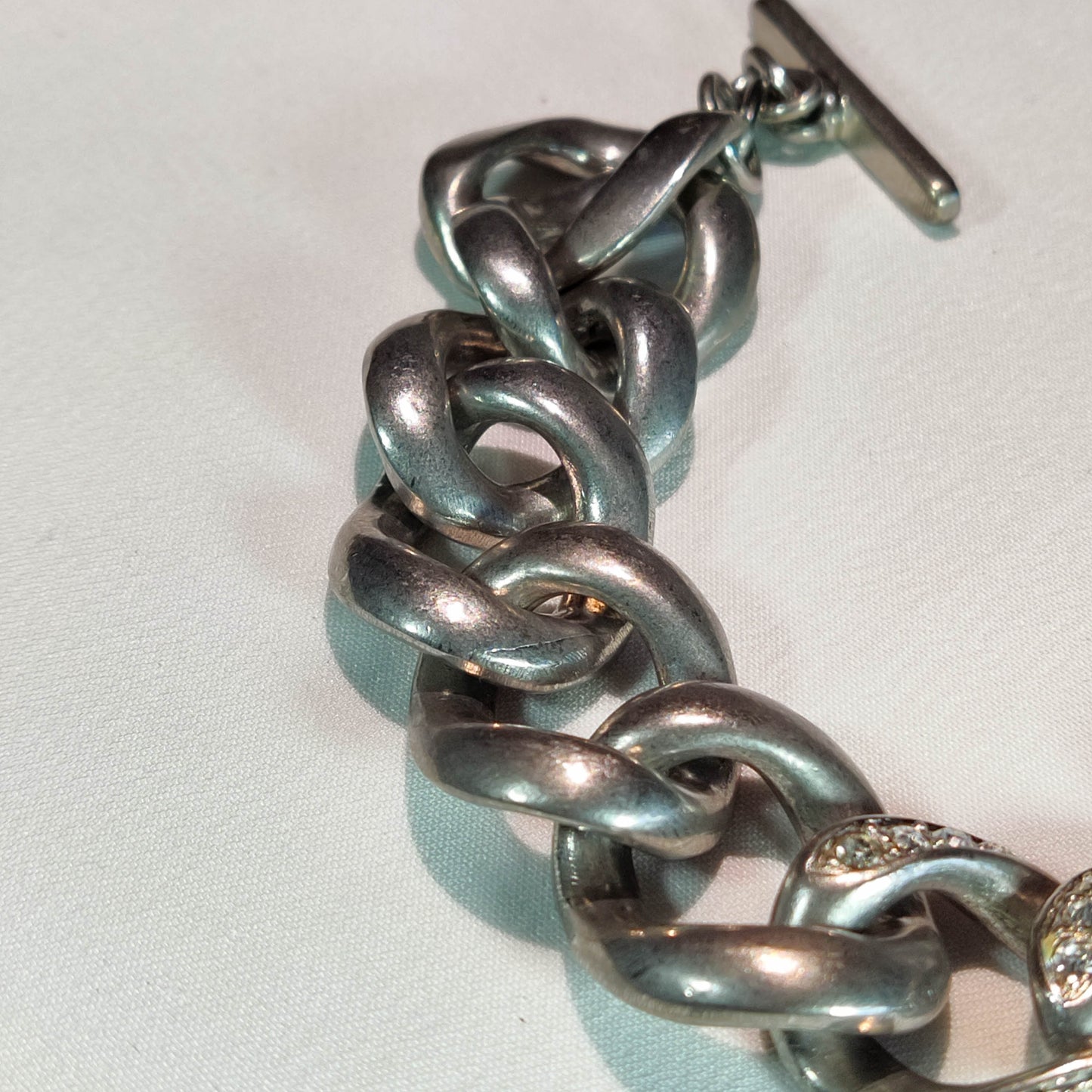 1960's Silver Tone Metal Chain Bracelet with Rhinestone Accents