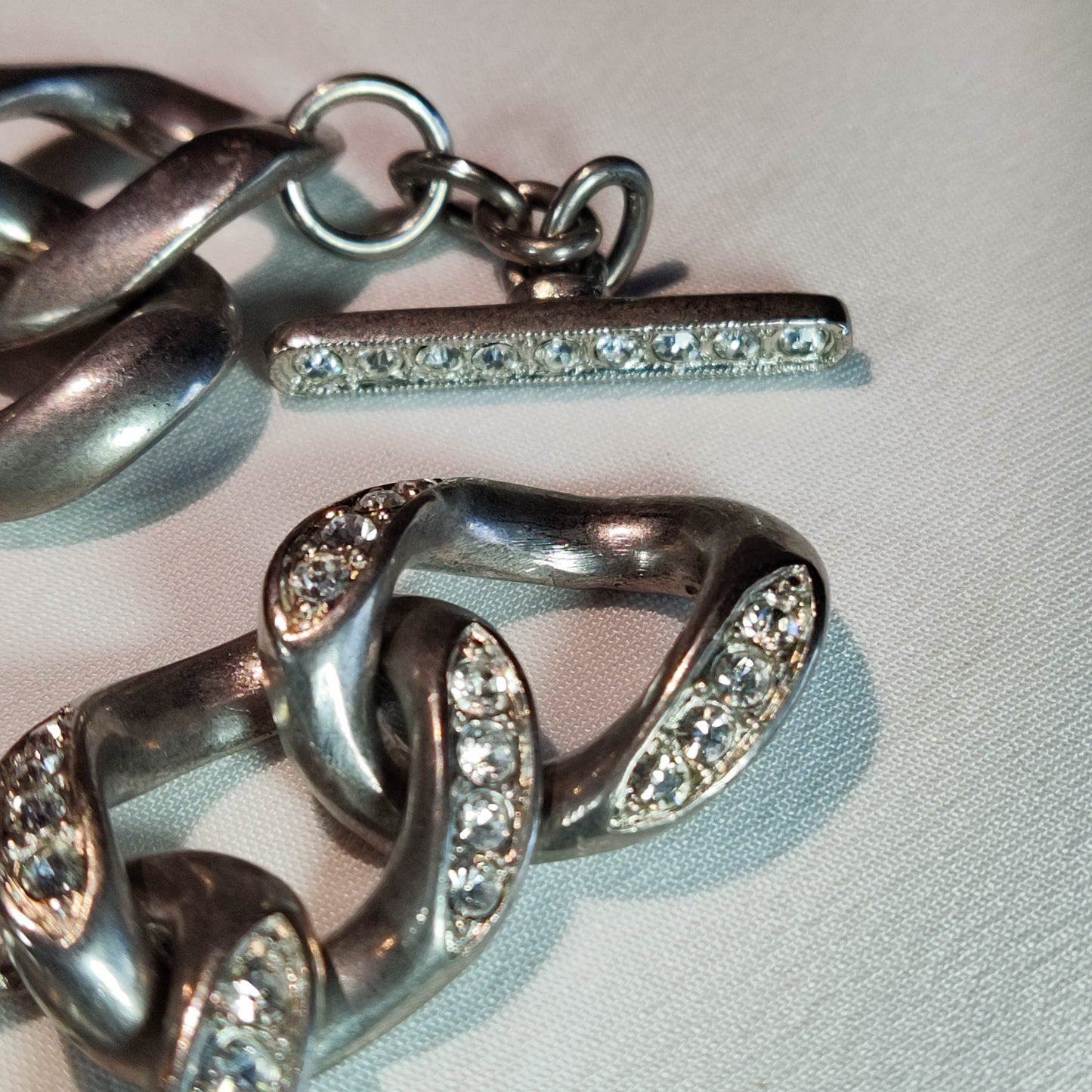 1960's Silver Tone Metal Chain Bracelet with Rhinestone Accents