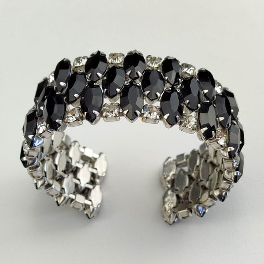 1950's Vintage Clear and Black Rhinestone Bangle Bracelet