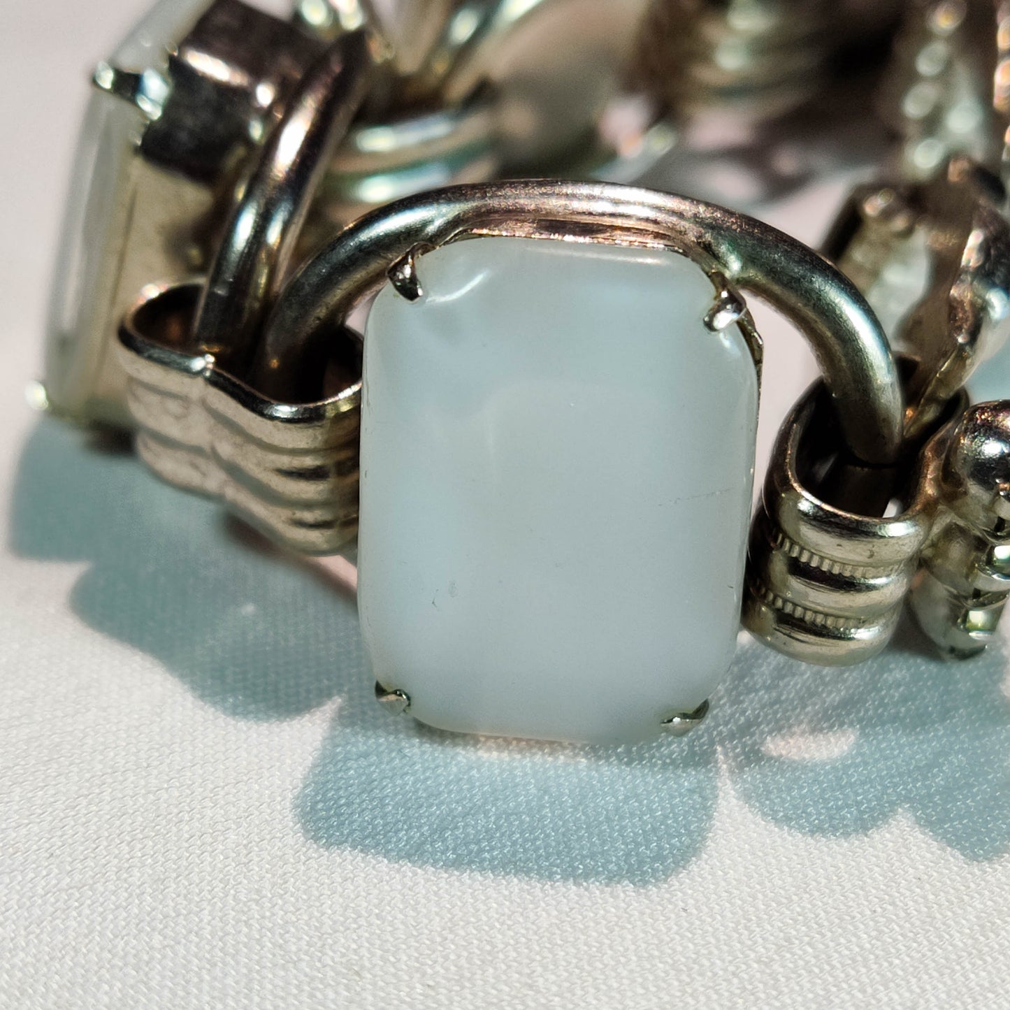 1950's Vintage White Moonstone and Gray Rhinestone Chunky Bracelet