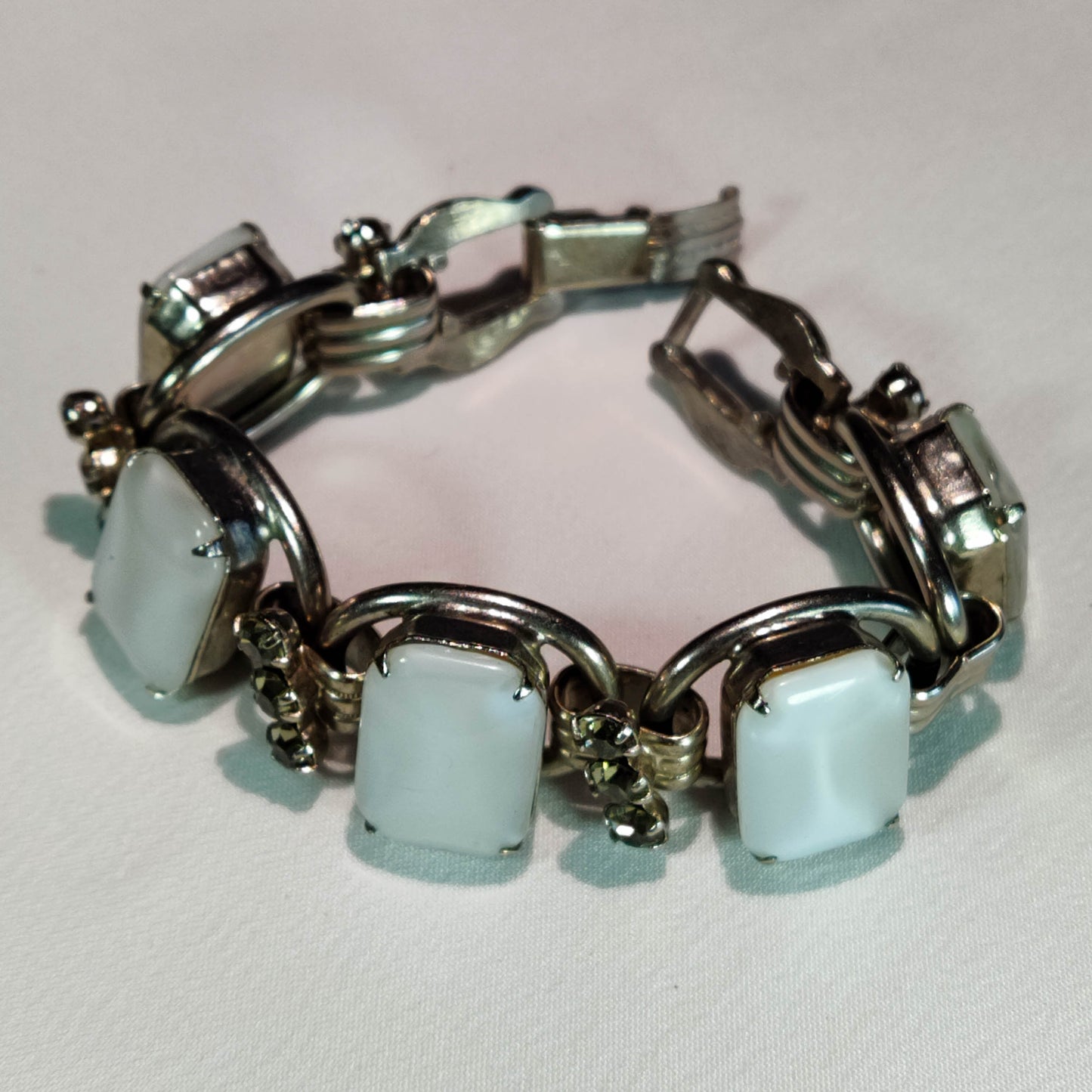 1950's Vintage White Moonstone and Gray Rhinestone Chunky Bracelet