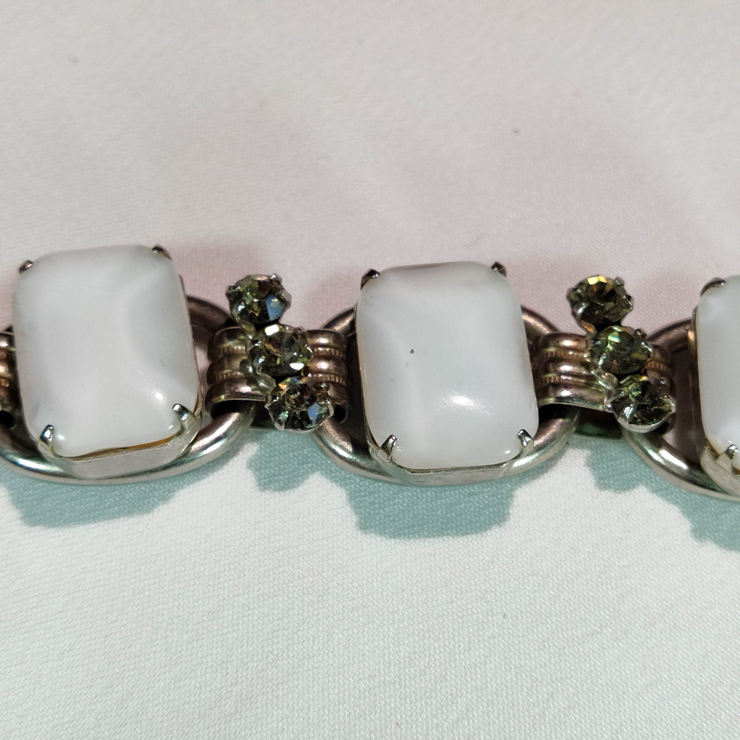 1950's Vintage White Moonstone and Gray Rhinestone Chunky Bracelet