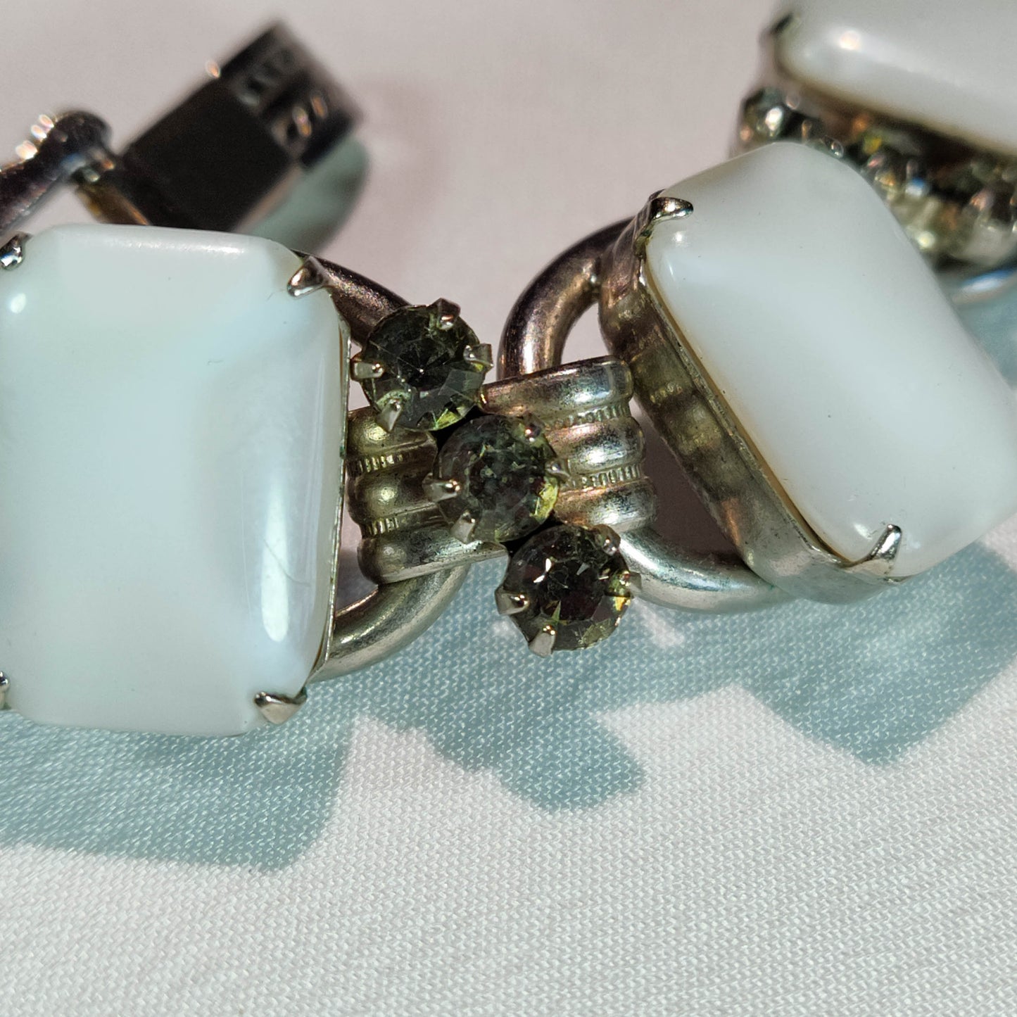 1950's Vintage White Moonstone and Gray Rhinestone Chunky Bracelet