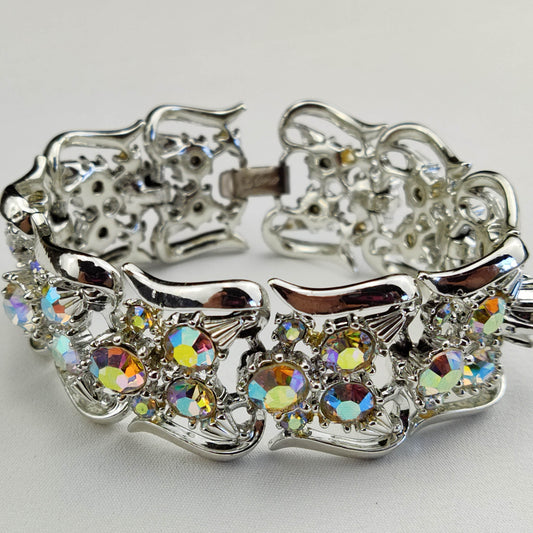 1950s Vintage Bracelet with Aurora Borealis and Silver Tone Metal by Coro